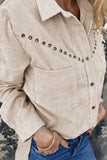 Beige Rivet Corduroy Buttoned Long Sleeve Shirt with Pockets