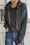 Solid Long Sleeve Sweatshirt Leopard Print Drawstring Drop-shoulder Hoodie for women