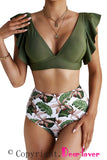 Tropical Print Push Up Two Piece Ruffle Sleeve Bathing Suit