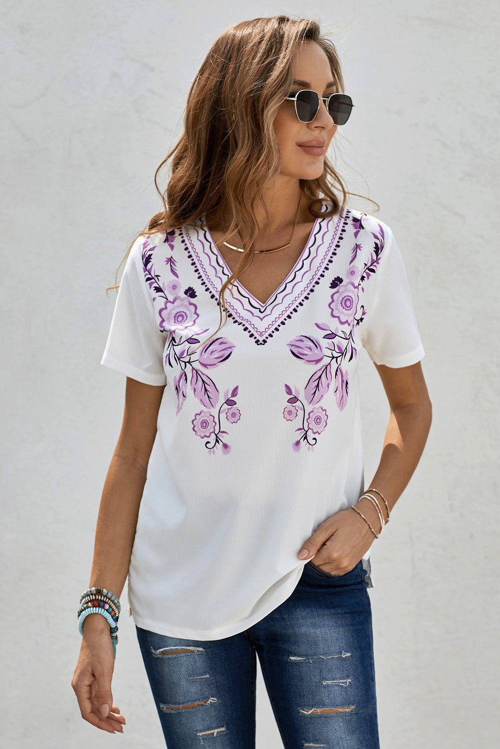 Women's V Neck White Shirt With Embroidered Flowers