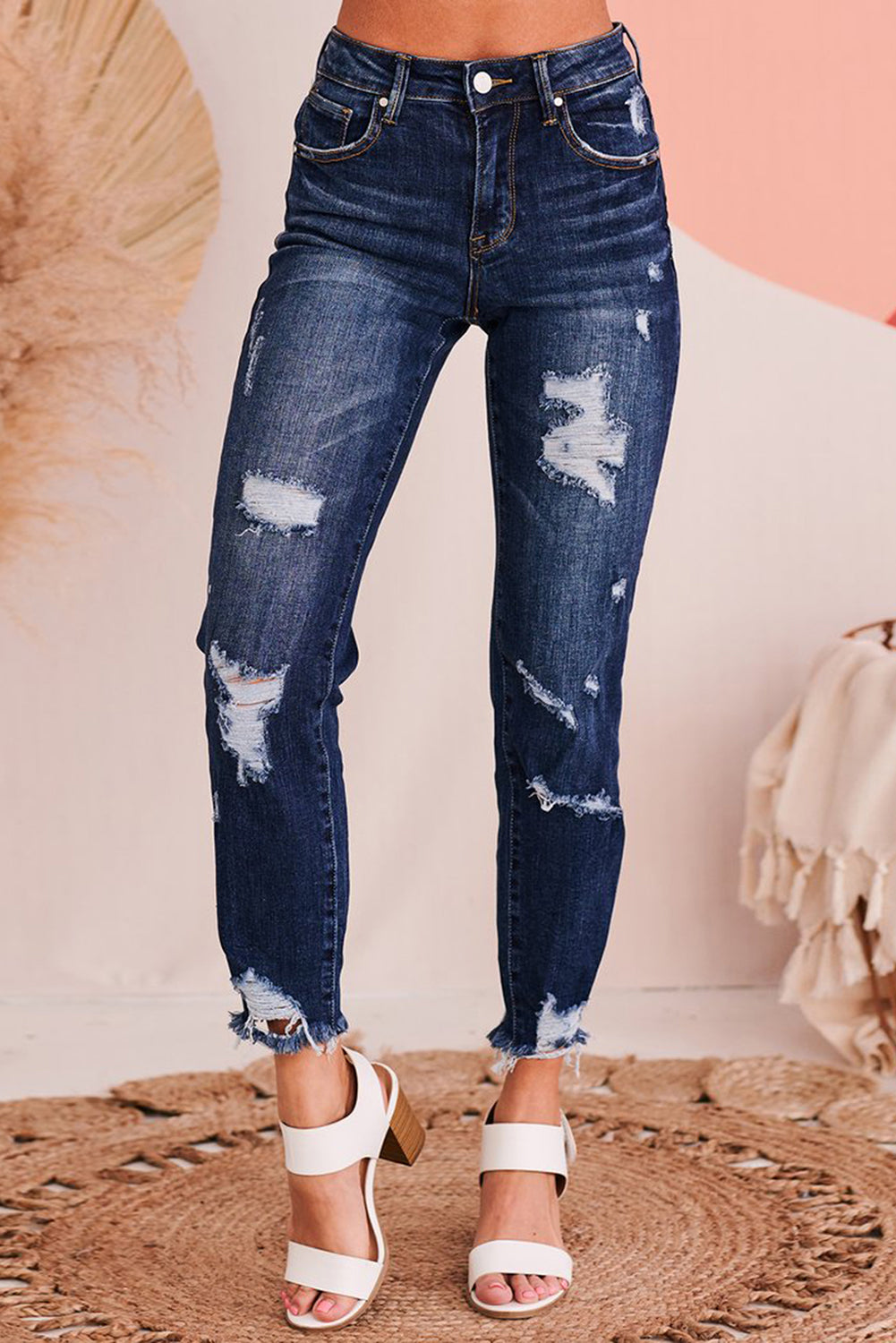 High Waist Cropped Distressed Ripped Jeans with Pockets