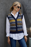 Women Geometric Print Buttoned V Neck Crop Sweater Vest
