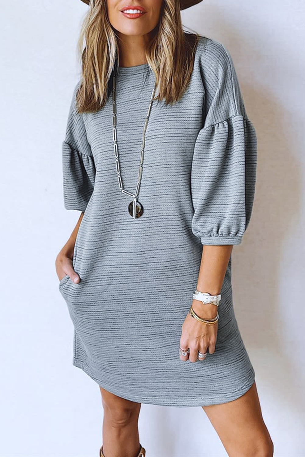 Grey Puff Sleeve Tunic Dress