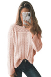 Women's Eyelet Hole Round Ruffle Neck Light Pink Knit Sweater