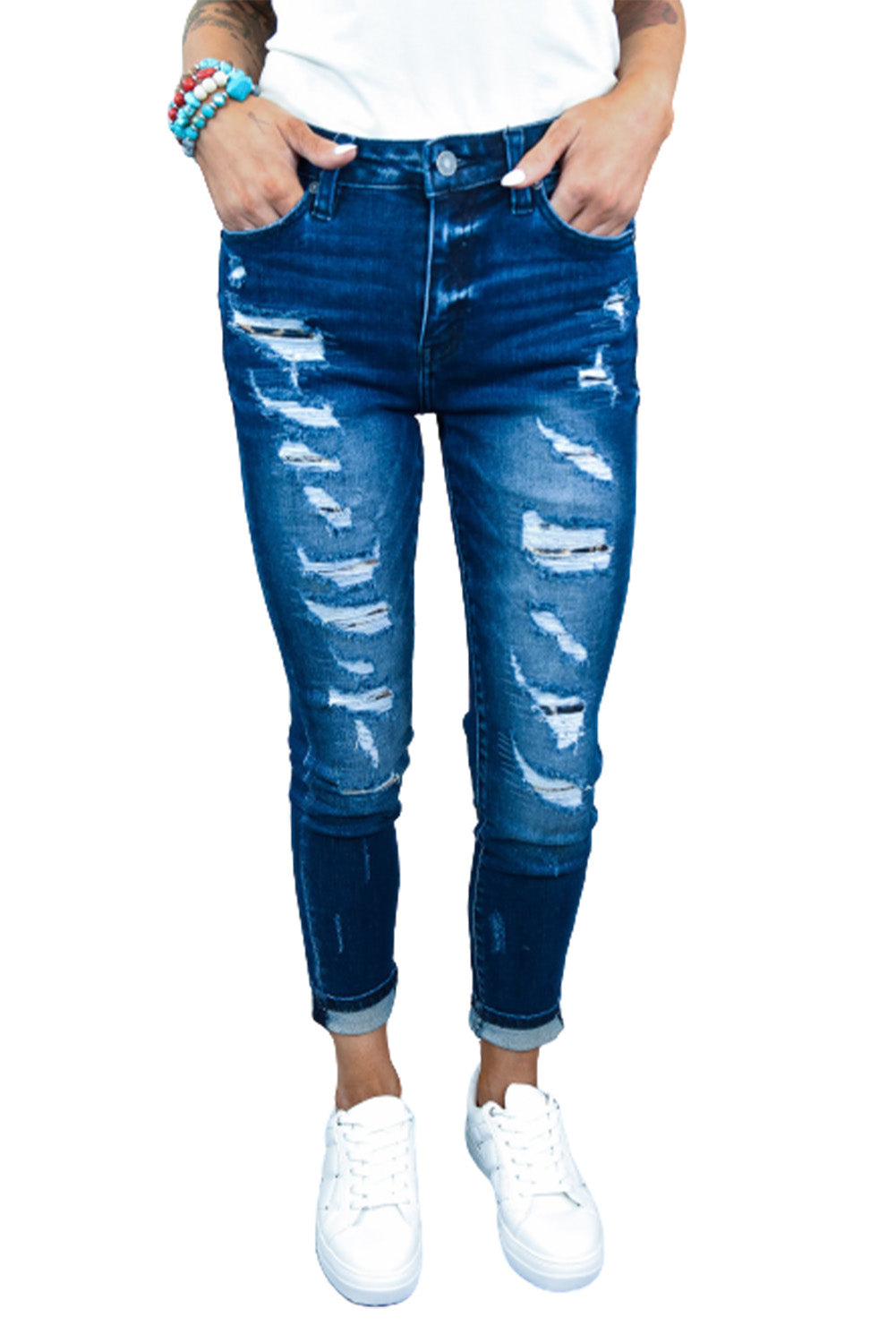 dark blue ripped jeans