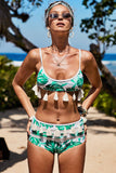 Bikini sexy con nappe con stampa tropicale senza schienale con cinghie senza spalline