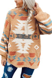 Women Khaki Aztec Print Oversized Pullover Sweater