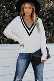 Women Black and White Contrast Neckline Distressed Knit Sweater