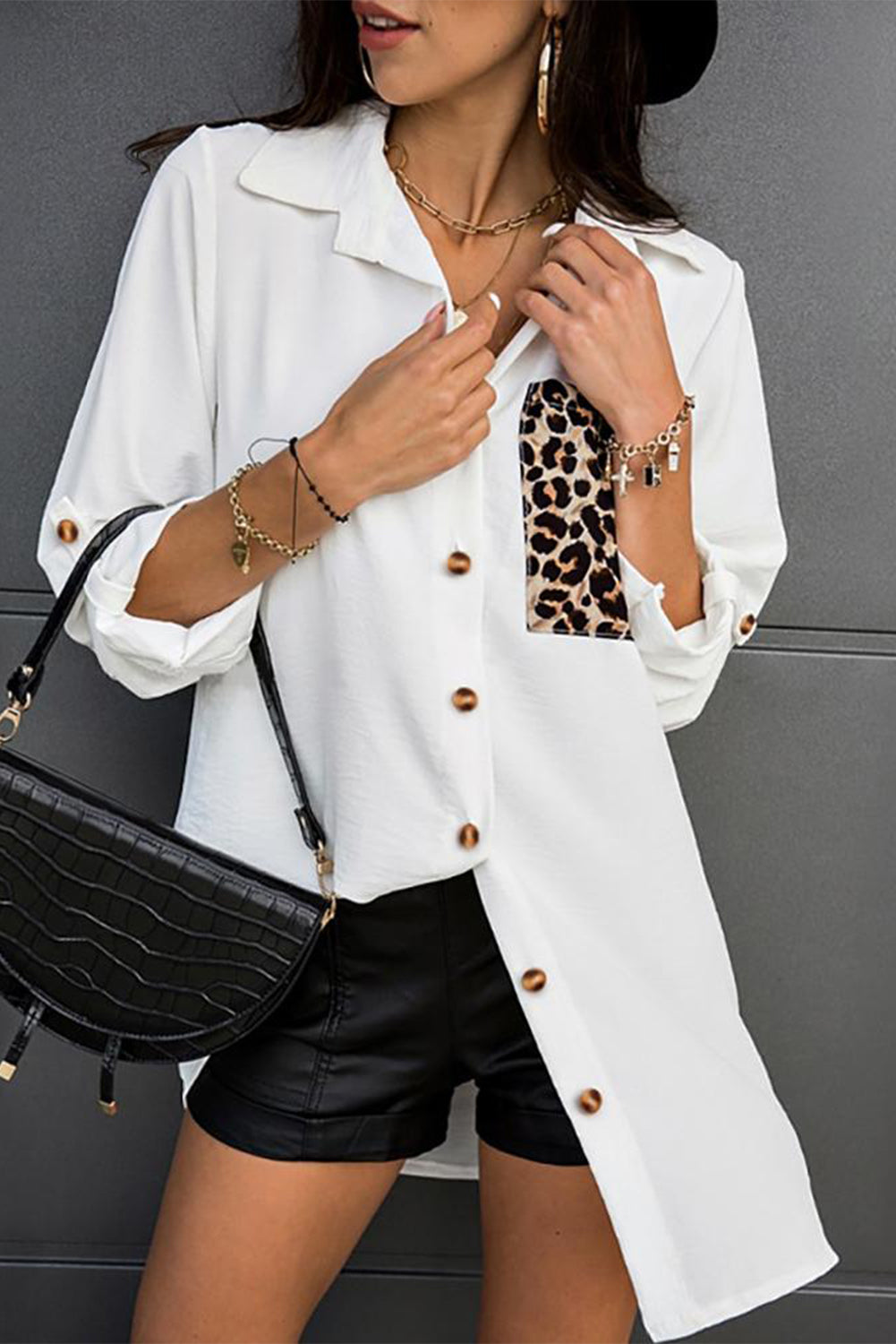 Slim V Neckline Black Shirt With Leopard Pocket