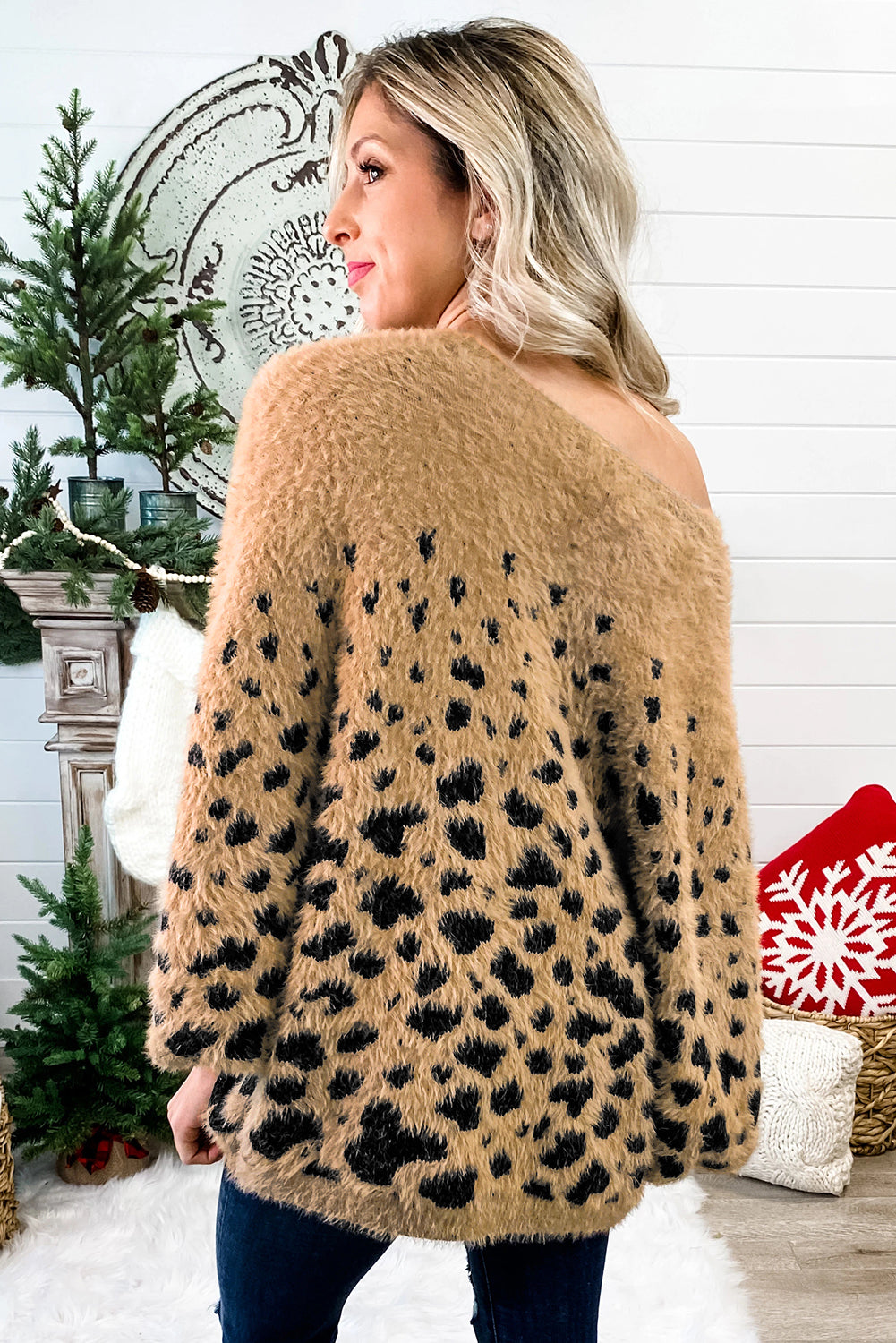Women's Animal Print O Neck Loose Fit Furry Sweater For Women
