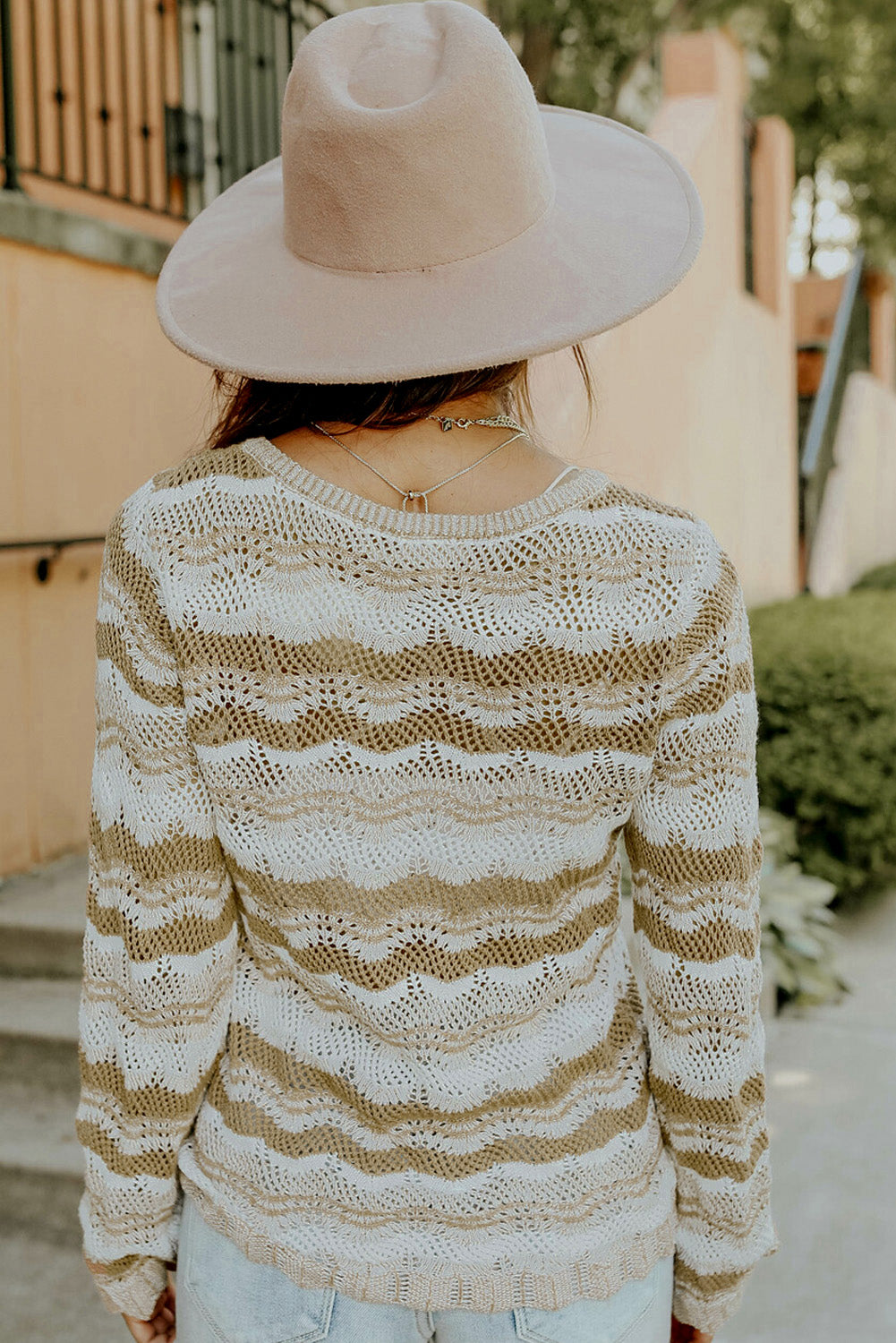 Women Wavy Stripe Scalloped Edge Pointelle Knit Sweater