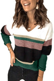 Women Colorblock V Neck Ribbed Knitted Sweater