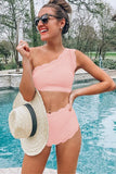 Pink Scalloped Trim High Waist One Shoulder Bikini