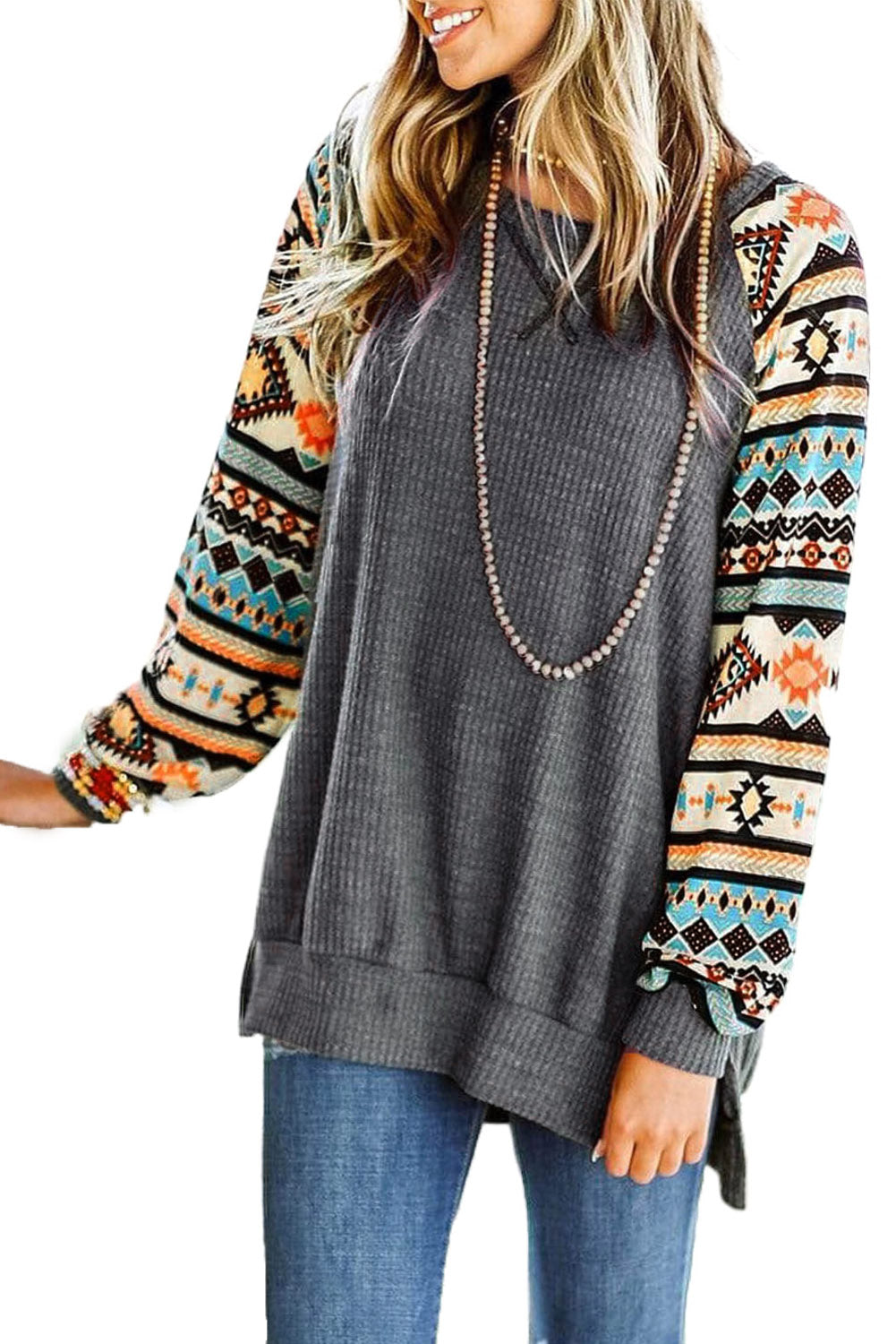 Tribal Print Waffle Knit Pullover with Side Slit