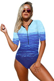 Blue Leaves Zip Front Half Sleeve One Piece Swimsuit