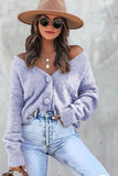 Women V Neck Open Front  Button Furry Sweater