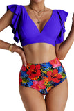Tropical Print Push Up Two Piece Ruffle Sleeve Bathing Suit