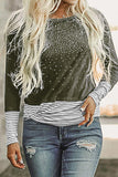 Olive Green Rhinestone Beading Striped Patchwork Long Sleeve Top