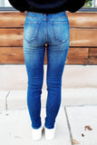 Dark Wash Mid Rise Distressed Plaid Patch Skinny Jeans