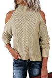 Maglione da donna in maglia a trecce con collo alto e spalle scoperte