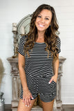 Black And White Striped Romper with Drawstring And Pockets