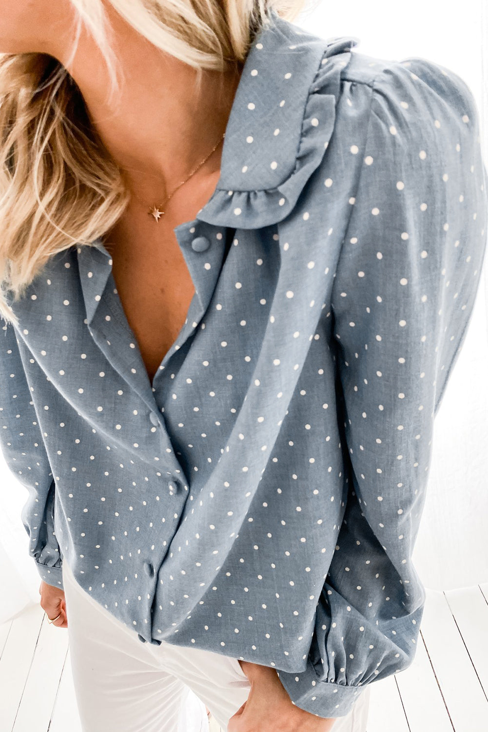 Polka Dot Ruffled Buttoned Long Sleeve Shirt