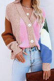 Cardigan da donna in maglia a blocchi di colore con spalle cadenti e bottoni a quattro fori