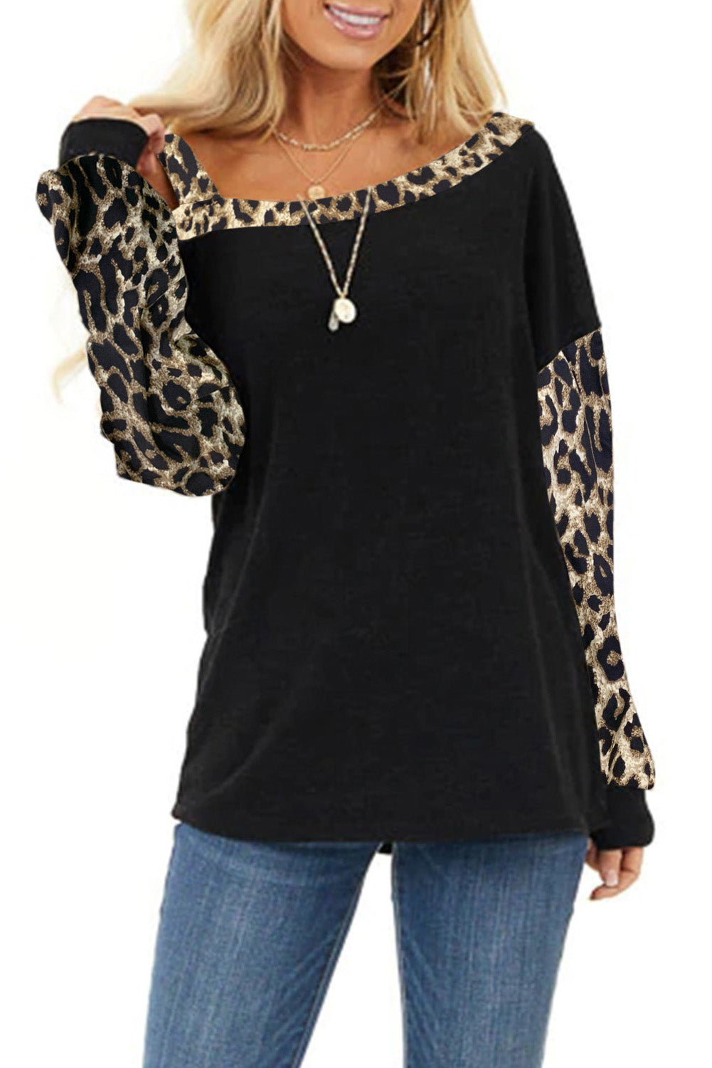 Dew Shoulder Leopard Stitching Long-sleeved Blouse