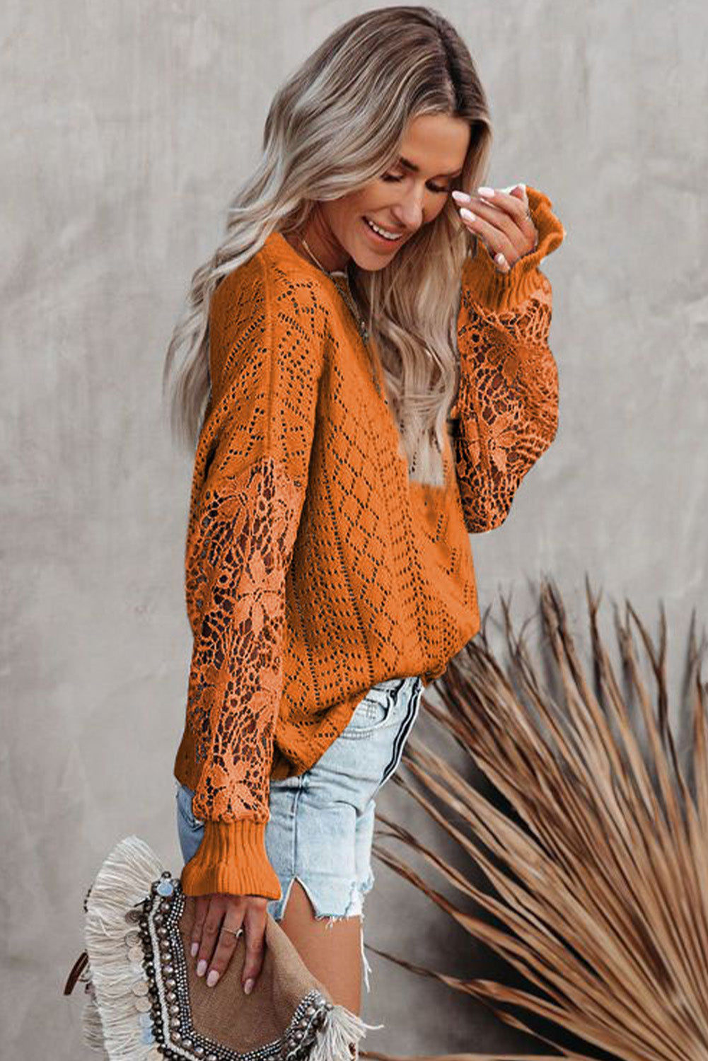 Women Crochet Lace Pointelle Knit Pointelle Sweater