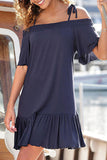 Women Navy Blue Spaghetti Strap Mini Dress Off Shoulder Pleated Dress