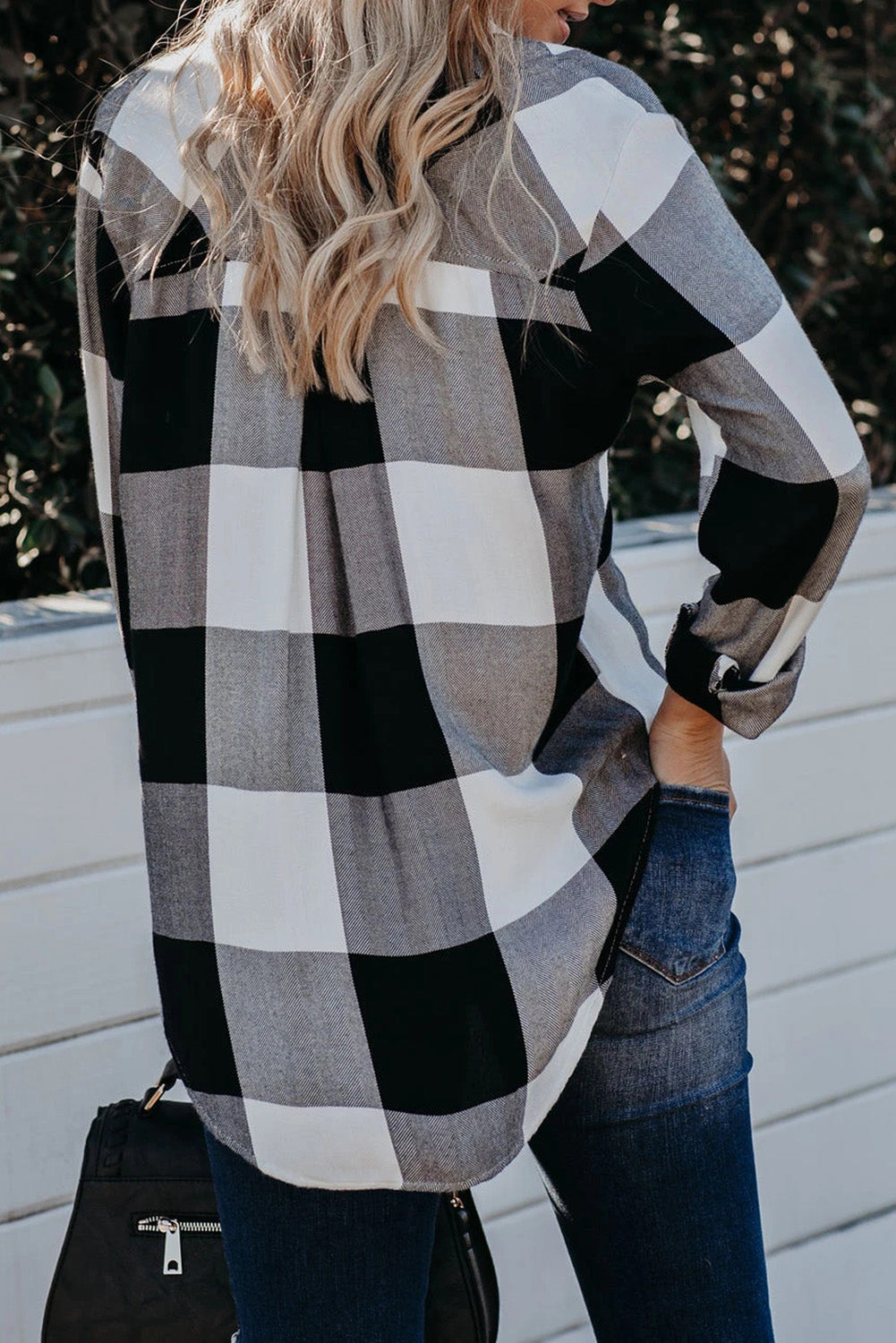 Turn Down Collar Plaid Button Down Blouse with High/Low Hem
