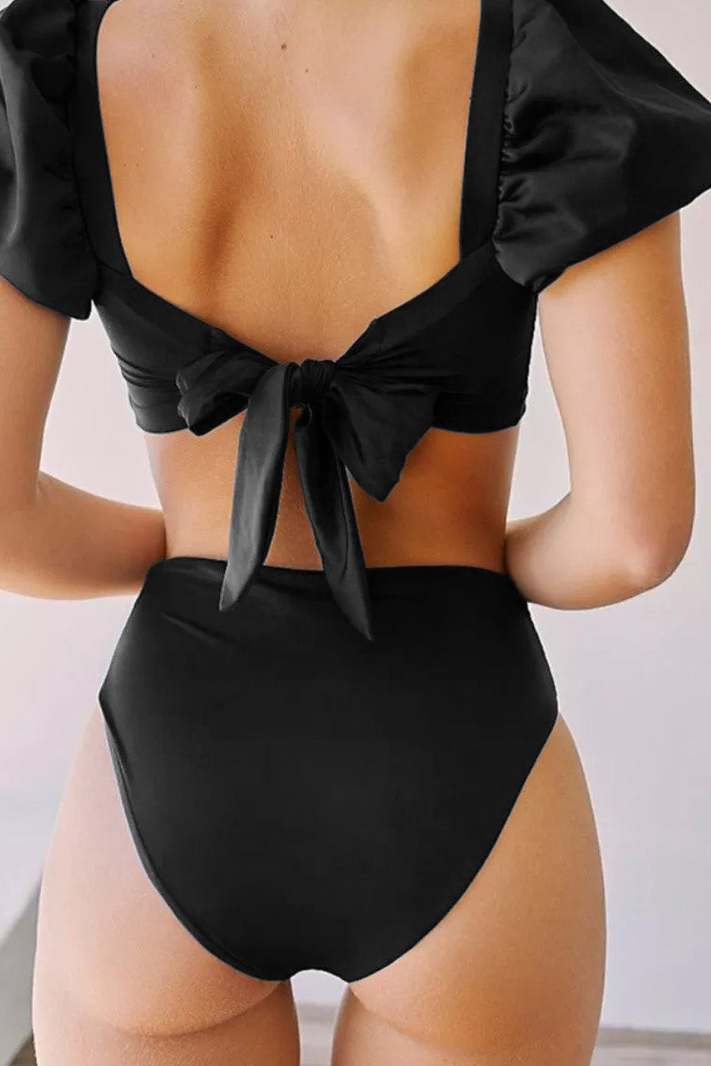 Bubble Sleeves Knotted High Waisted Bandeau Swimsuit