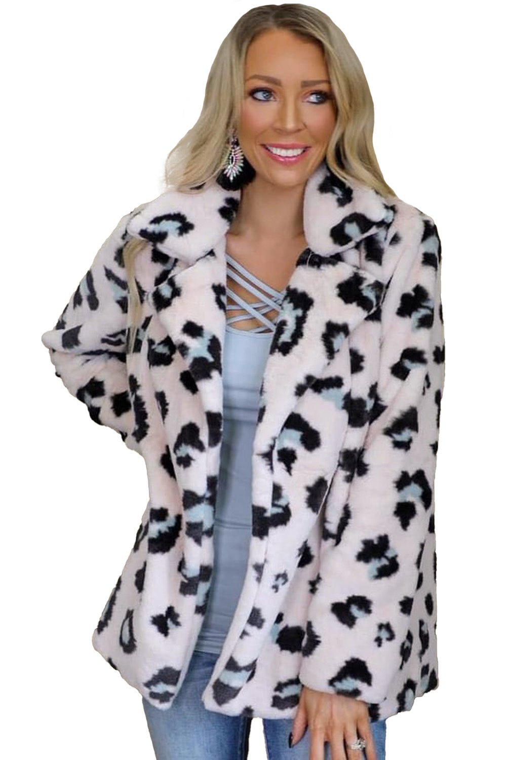 Women's Animals PrintTurnover Collar Warm Faux Fur Coat