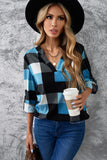 Contrast Color V Neck Checked Long Sleeve Top