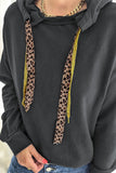 Solid Long Sleeve Sweatshirt Leopard Print Drawstring Drop-shoulder Hoodie for women