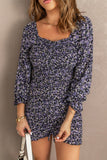 Floral Print Shirred Slim-fit Long Sleeve Mini Dress