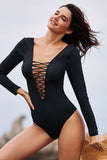 Long Sleeve Criss Cross Plunging V Neck Open Back One Piece Swimsuit