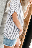 Deep V-Neck Short Sleeve Blue Stripe Womens Shirt