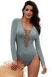 Long Sleeve Criss Cross Plunging V Neck Open Back One Piece Swimsuit