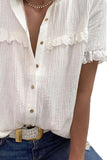 Buttoned Lace Splicing Ruffle Textured Short Sleeve Shirt