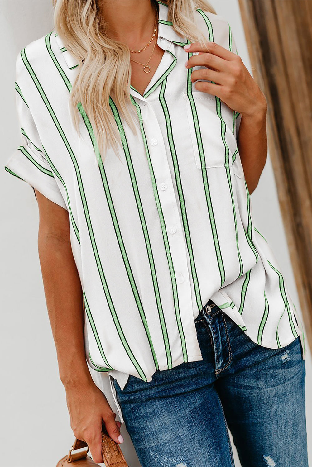 Turnover Neck Striped Button Up Shirt Womens