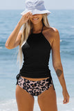 Halter Lace Up Contrast Color Two Piece Tankini Set