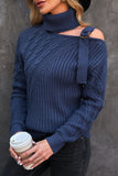 Women Solid Color Strapped Cut out Shoulder Turtleneck Sweater