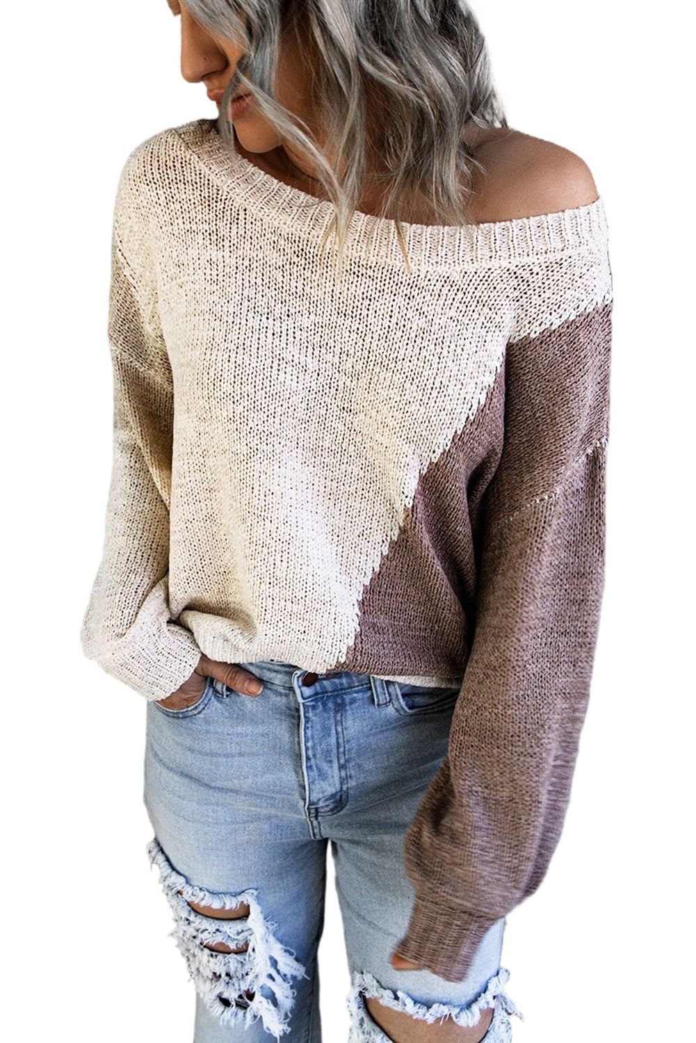 Women's Beige Asymmetric Colorblock Crew Neck Knitted Sweater