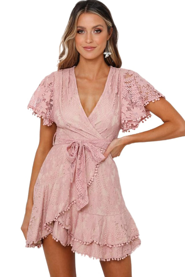 Wrap V Neck Flutter Sleeve Floral Lace Short Dress