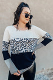 Maglione a blocchi di colore leopardato con stampa mista a maniche lunghe