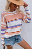 Women Rib Knit Crew Neck Striped Color Block Sweater