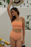 Womens Bandeau Smocked Top Print High Waisted Bikini Set Bathing Suit