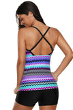 Multicolor Waves Print Tankini with Criss Cross Back