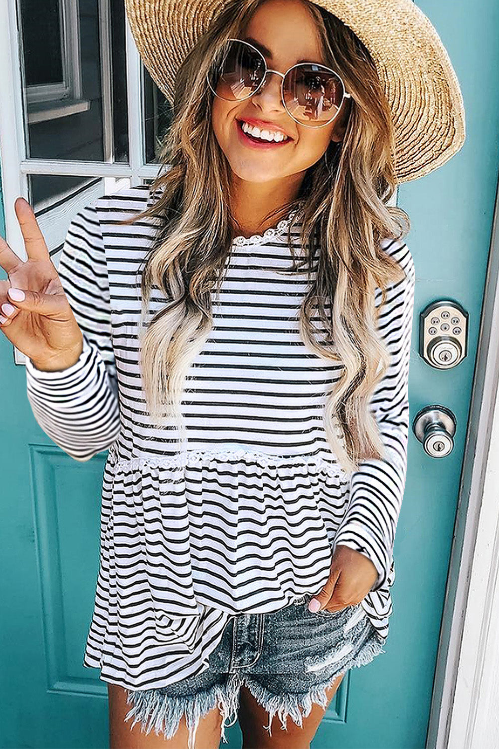 Women's Classic-fit Casual Tee Shirt Flowy A-line Striped Print Long Sleeve Top